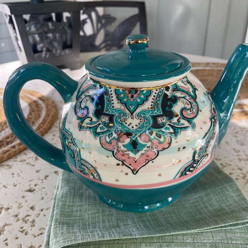 Elegant Teal and Pink Ceramic Teapot